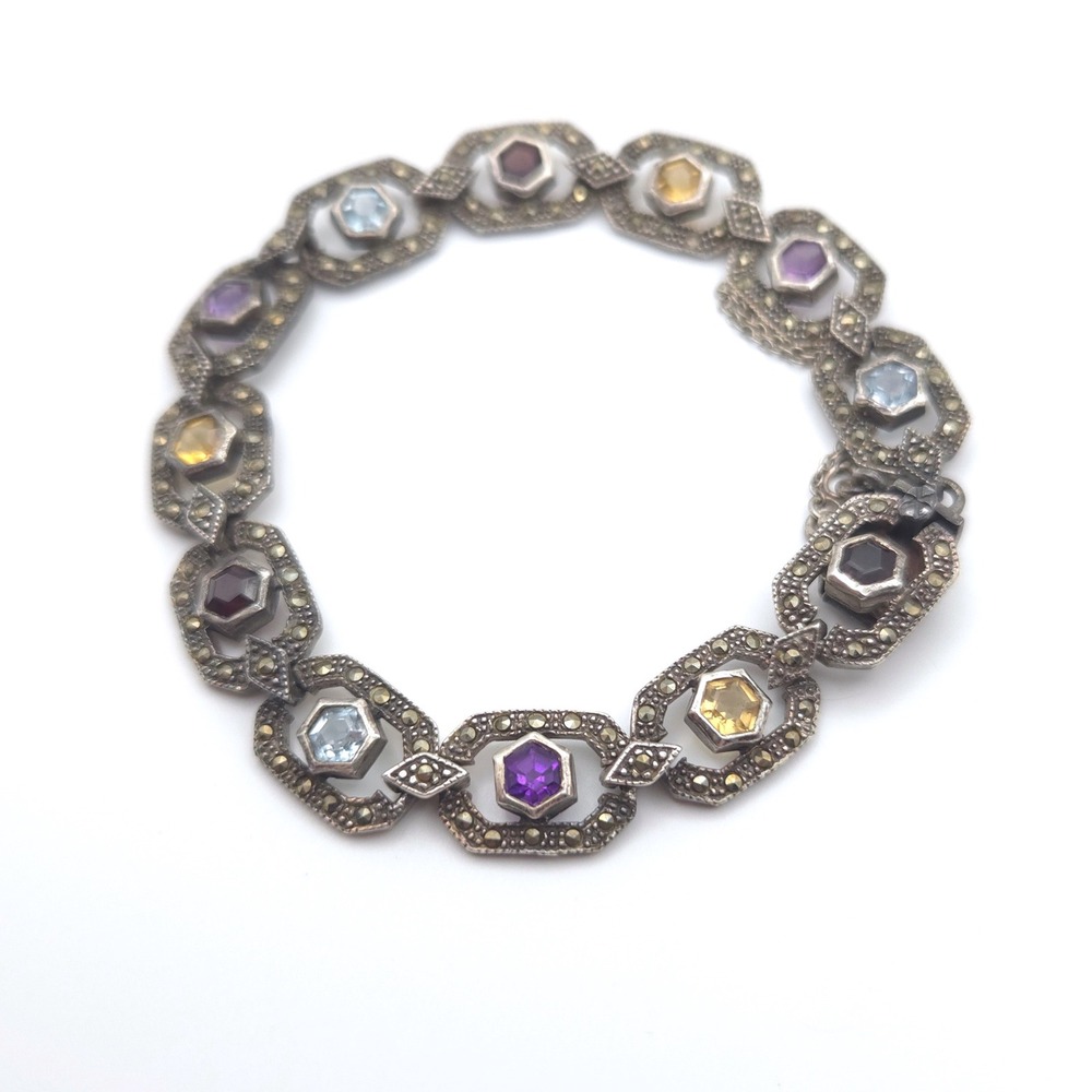 Vintage Sterling Silver Marcasite Multi Gemstone Art Deco Link Bracelet 925 - Picture 4 of 9